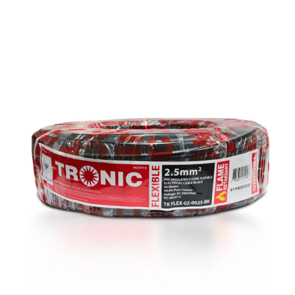 Tronic 2.5mm² 2-Core Flexible Electrical Cable – Black, Flame Retardant