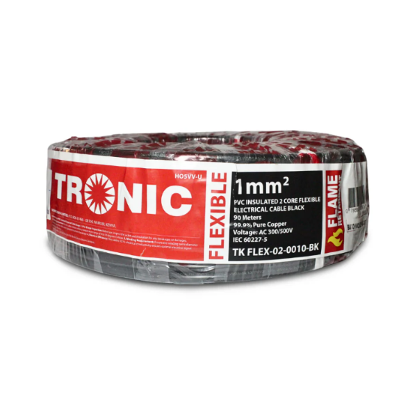 Tronic 1mm² 2-Core Flexible Electrical Cable – 90m Roll, Black