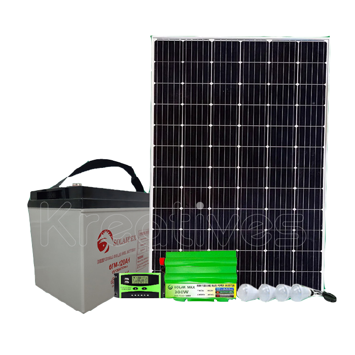 250W Solar panel + 200AH Battery + 1000W inverter + 30 Amp solar controller + 4 Bulbs