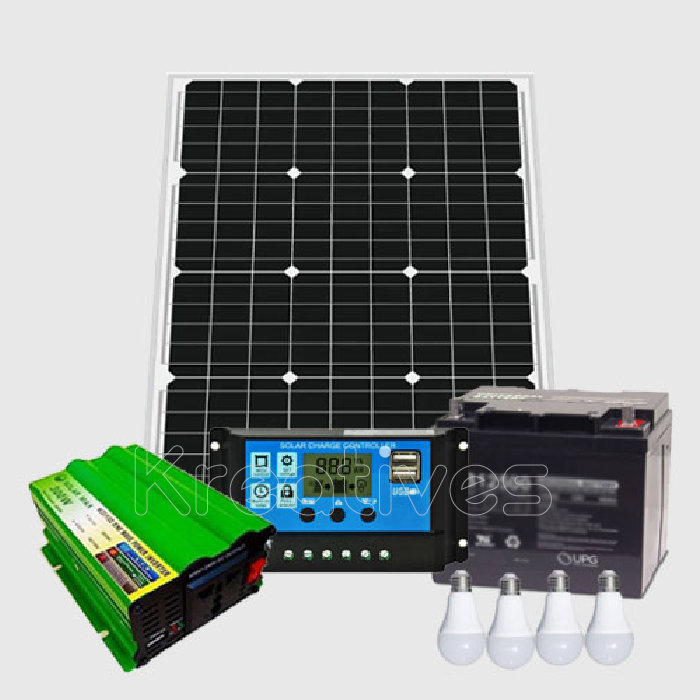 50w Solar panel + 50AH Battery + 150w inverter + 10 Amp solar controller + 4 bulbs