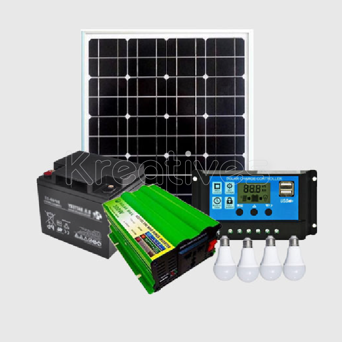 30w Solar panel+40AH Battery+150w inverter+10 Amp Charge Controller+4 bulbs.